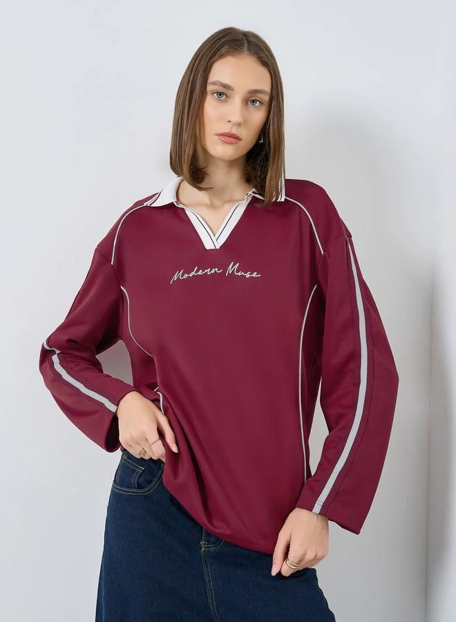 Burgundy Oversized Polo T-Shirt with Stripe Detail