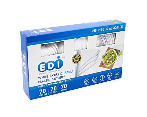 EDI 210 Piece White Disposable Plastic Cutlery Set Assorted  70 Forks 70 Knives 70 Spoons  Extra Durable