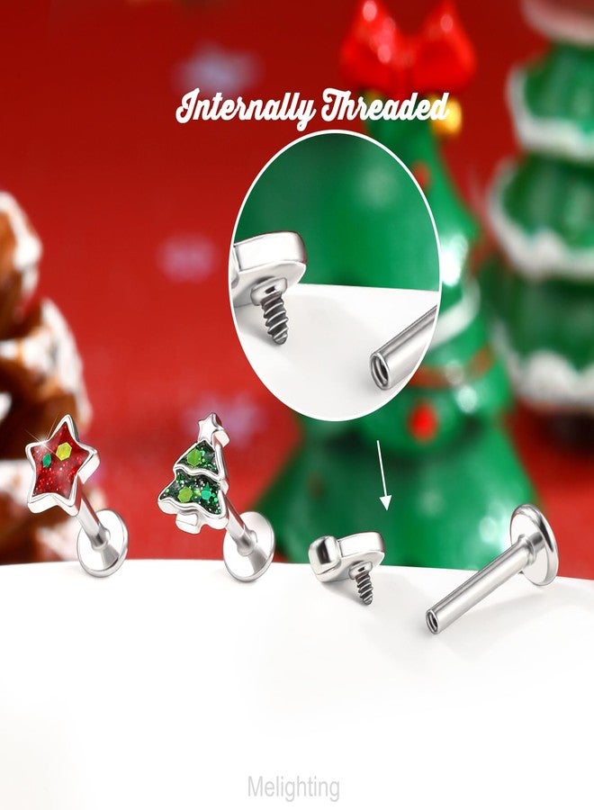 Melighting MeIighting 3PCS Christmas Helix Earrings Internally Threaded 16G Tree Cartilage Earrings Stainless Steel 316L 8mm Star Tragus Piercing Jewelry Hat Flat Back Earring for Women - Image 4