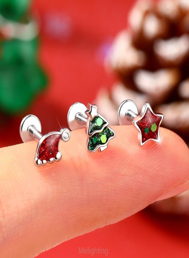 Melighting MeIighting 3PCS Christmas Helix Earrings Internally Threaded 16G Tree Cartilage Earrings Stainless Steel 316L 8mm Star Tragus Piercing Jewelry Hat Flat Back Earring for Women - Image 2