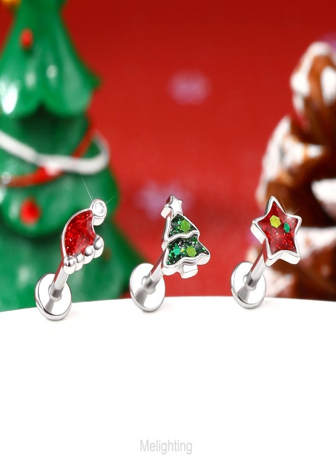 Melighting MeIighting 3PCS Christmas Helix Earrings Internally Threaded 16G Tree Cartilage Earrings Stainless Steel 316L 8mm Star Tragus Piercing Jewelry Hat Flat Back Earring for Women - Image 3
