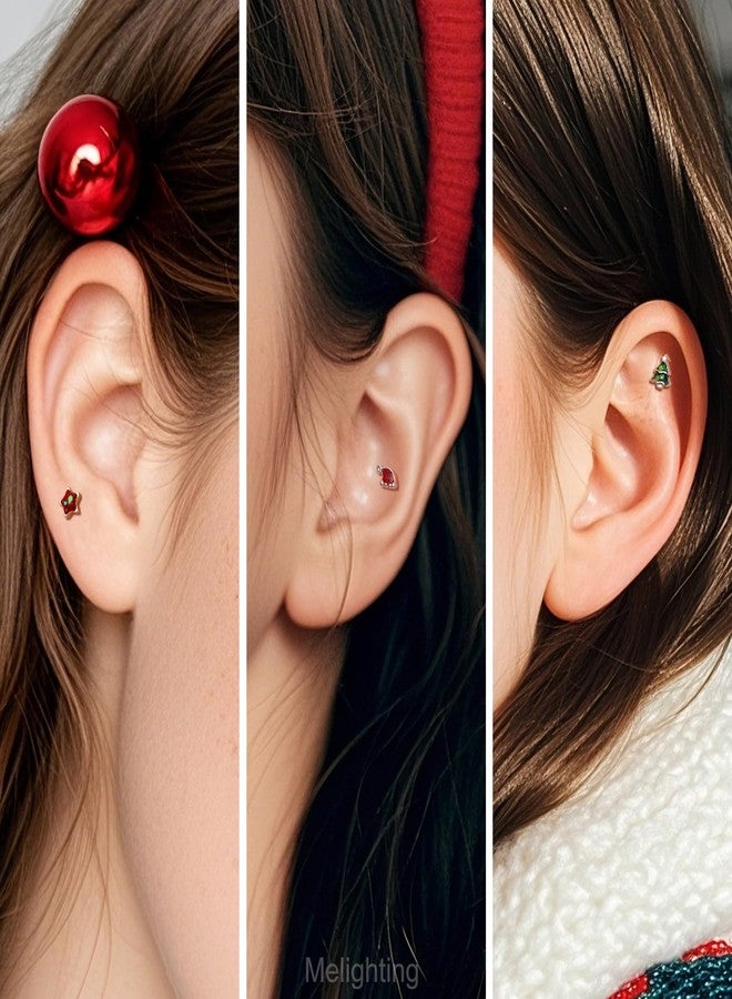 Melighting MeIighting 3PCS Christmas Helix Earrings Internally Threaded 16G Tree Cartilage Earrings Stainless Steel 316L 8mm Star Tragus Piercing Jewelry Hat Flat Back Earring for Women - Image 5