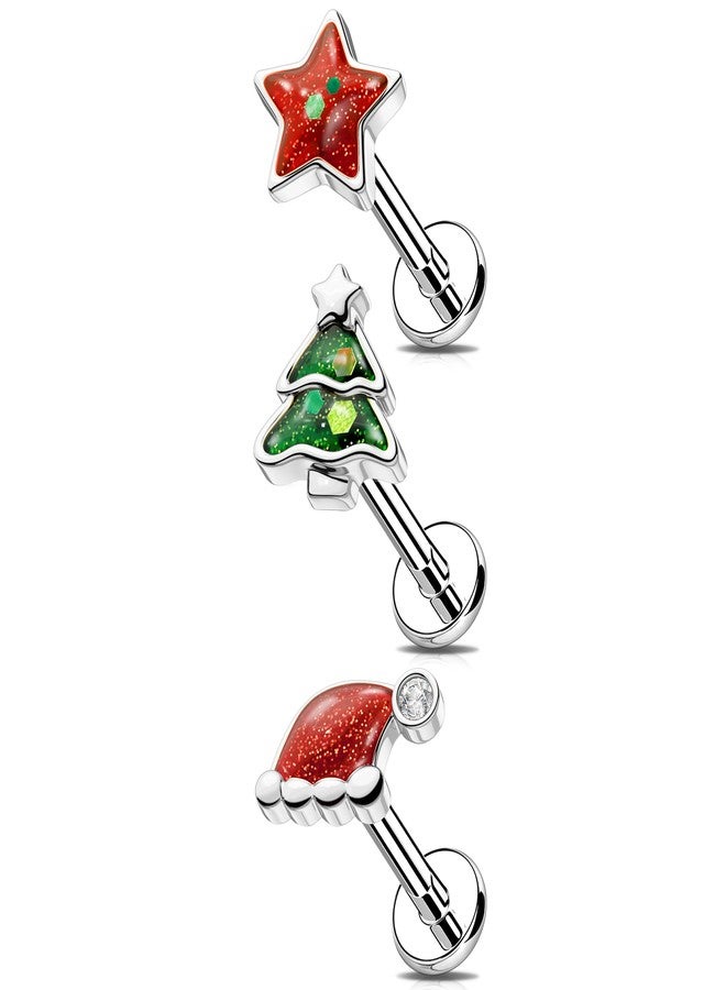 Melighting MeIighting 3PCS Christmas Helix Earrings Internally Threaded 16G Tree Cartilage Earrings Stainless Steel 316L 8mm Star Tragus Piercing Jewelry Hat Flat Back Earring for Women - Image 1