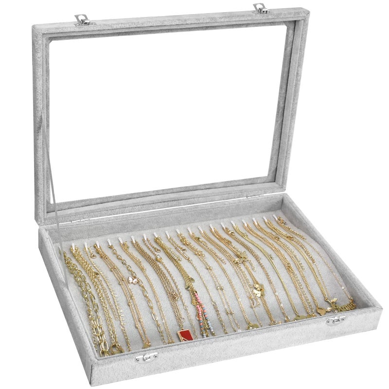 Siveit Necklace Organizer Box Premium 20 Hooks Necklace Display Jewelry Tray with Transparent Lid Jewelry Necklace Display Box for Necklace Pendants Suitable for Women and Girls (Grey) - Image 1