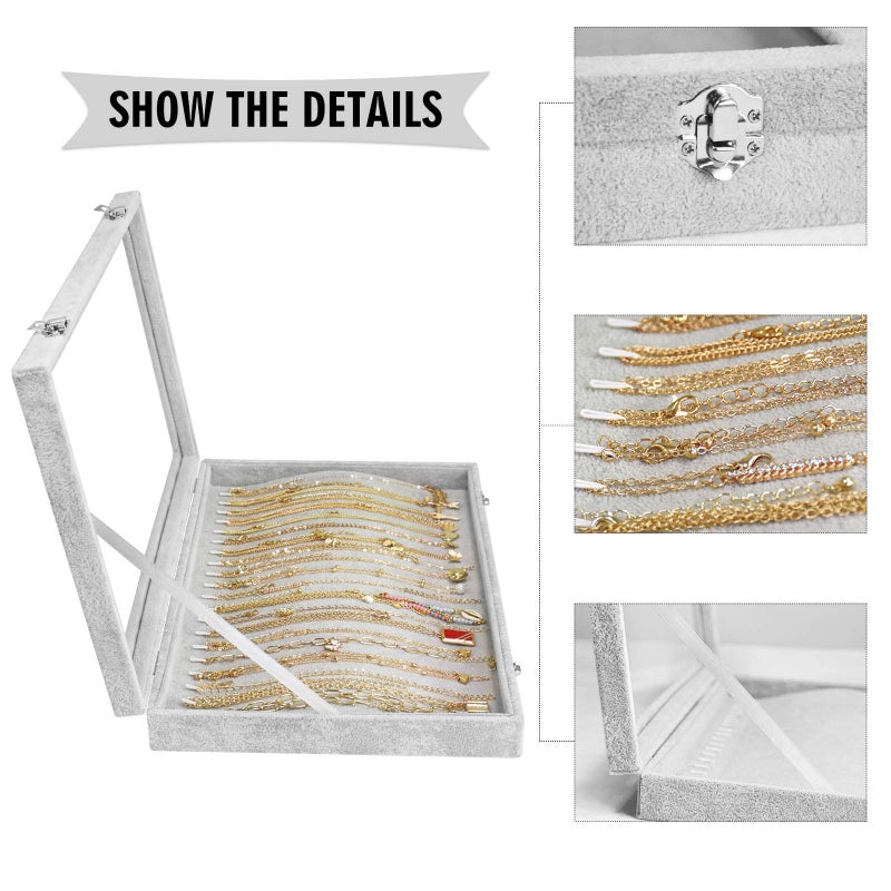 Siveit Necklace Organizer Box Premium 20 Hooks Necklace Display Jewelry Tray with Transparent Lid Jewelry Necklace Display Box for Necklace Pendants Suitable for Women and Girls (Grey) - Image 4