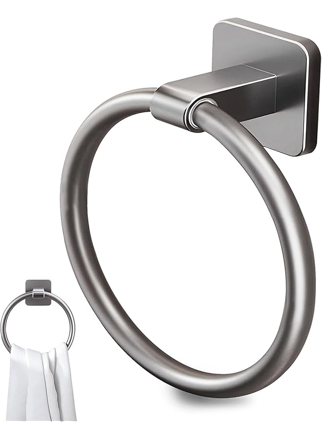 No Drill Hand Towel Holder - Self Adhesive Rustproof Round Towel Ring for Bathroom and Kitchen, Easy Install, Space Saving Gun Grey Towel Rack