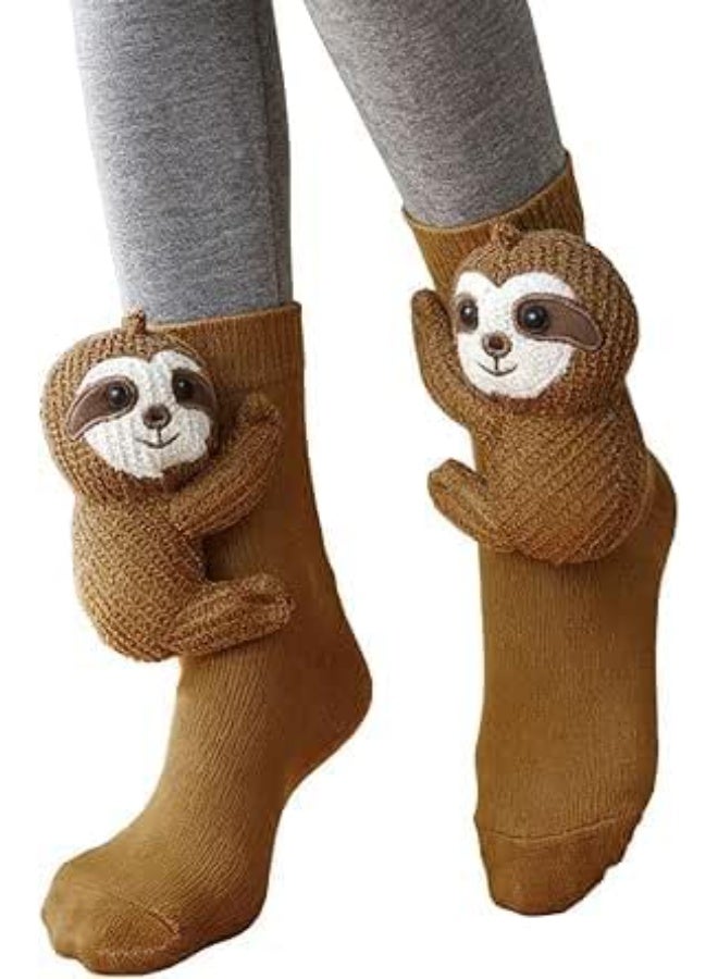 OSHIMA 3D Knit Animal Socks, Cute Sloth Hug Socks Soft Fun Thermal Slipper Sock, Hand Crocheted Animal Sock Funny Warm and Soft Long Stocking Stuffers Winter Warm Hug Cuddly Sock for Men Women - Image 1