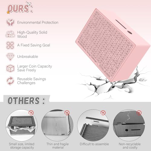 Gomyrod Wooden Cash Savings Box with Counter, Vault Bank for $10000 $5000 $3000 $1000 $800 $500 Target Money Challenge, Reusable Money Box with Dry Erase Pen/Savings Trackers/Rubber Band-Pink - Image 3