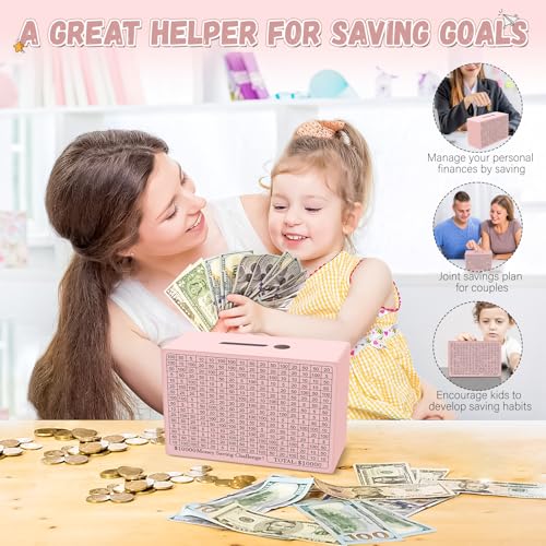 Gomyrod Wooden Cash Savings Box with Counter, Vault Bank for $10000 $5000 $3000 $1000 $800 $500 Target Money Challenge, Reusable Money Box with Dry Erase Pen/Savings Trackers/Rubber Band-Pink - Image 4