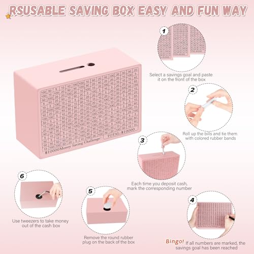 Gomyrod Wooden Cash Savings Box with Counter, Vault Bank for $10000 $5000 $3000 $1000 $800 $500 Target Money Challenge, Reusable Money Box with Dry Erase Pen/Savings Trackers/Rubber Band-Pink - Image 5