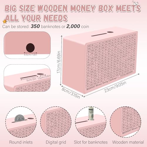 Gomyrod Wooden Cash Savings Box with Counter, Vault Bank for $10000 $5000 $3000 $1000 $800 $500 Target Money Challenge, Reusable Money Box with Dry Erase Pen/Savings Trackers/Rubber Band-Pink - Image 2