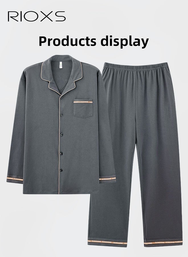 2 Pieces Men's Pajama Set, Soft Breathable Cotton Long Sleeve Pajamas for Men, V Neck Button Up  Lapel Collar Tops and Long Loose Straight Leg Pants, Casual Comfortable Lounge Nightwear Homewear Set for Hotel Vacation Home Pajama Parties and More, Grey - Image 5