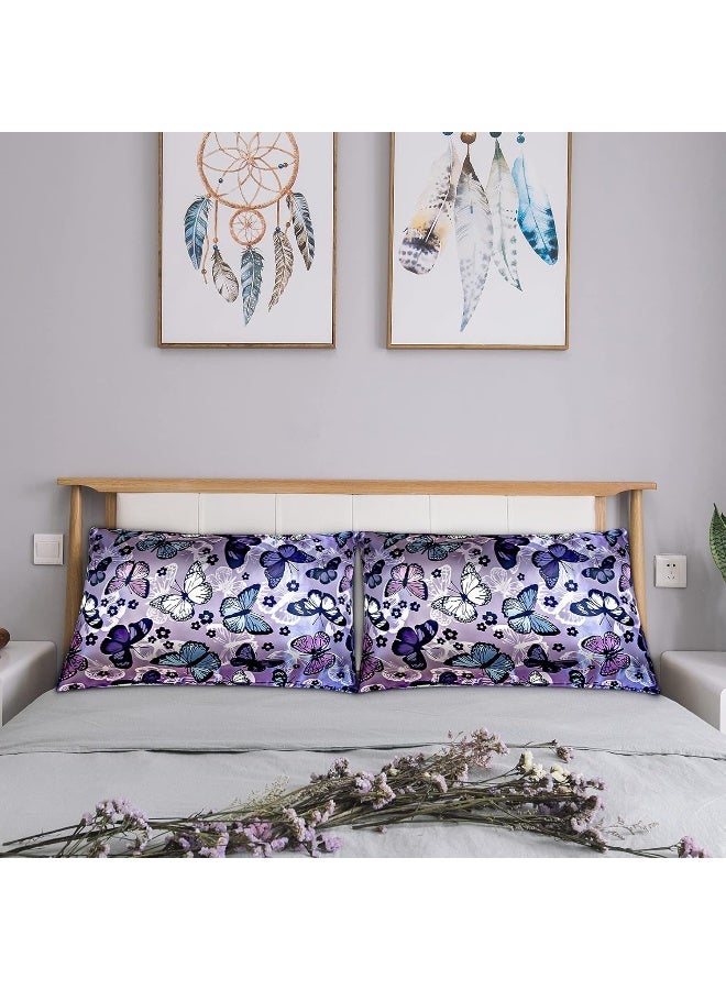 URLINENS Satin Pillowcase for Hair and Skin, Soft Satin Pillow Cases Queen Size Pack of 2, Cooling Silk Satin Pillowcase Set with Envelope Closure (20’’x30’’, Purple, Butterflies & Flower) - Image 2