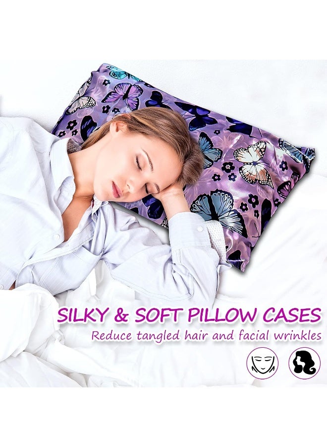 URLINENS Satin Pillowcase for Hair and Skin, Soft Satin Pillow Cases Queen Size Pack of 2, Cooling Silk Satin Pillowcase Set with Envelope Closure (20’’x30’’, Purple, Butterflies & Flower) - Image 3