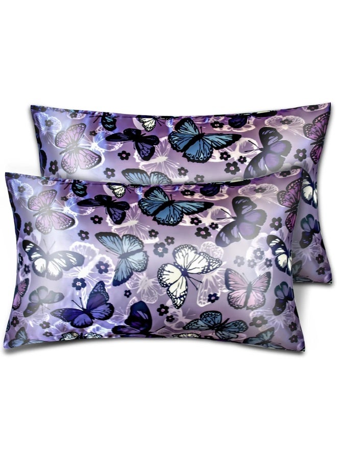 URLINENS Satin Pillowcase for Hair and Skin, Soft Satin Pillow Cases Queen Size Pack of 2, Cooling Silk Satin Pillowcase Set with Envelope Closure (20’’x30’’, Purple, Butterflies & Flower) - Image 1