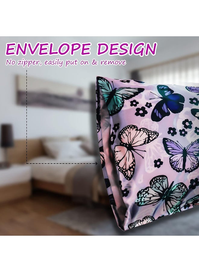 URLINENS Satin Pillowcase for Hair and Skin, Soft Satin Pillow Cases Queen Size Pack of 2, Cooling Silk Satin Pillowcase Set with Envelope Closure (20’’x30’’, Purple, Butterflies & Flower) - Image 4