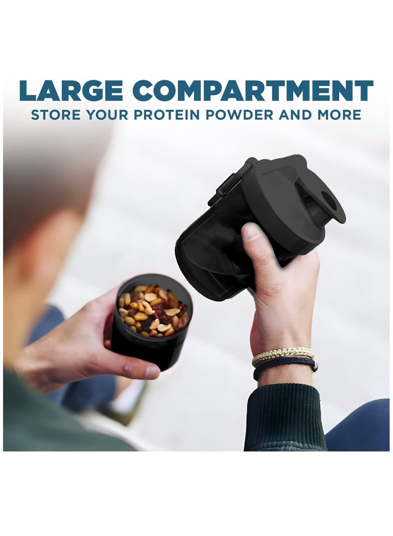 Gravit Protein Shaker Bottle 600ml Leak Proof Gym Protein Mixer - 3 Layer Non-Slip BPA Free Plastic Shaker Cup with Pill Tray & Protein Powder Container - For Home Office Gym Car Sport (2 Piece Set, Black) - Image 3