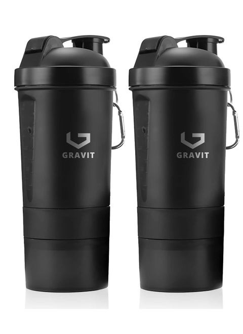 Protein Shaker Bottle 550ml Leak Proof Gym Protein Mixer - 3 Layer Non-Slip BPA Free Plastic Shaker Cup with Pill Tray & Protein Powder Container - For Home Office Gym Car Sport (2 Piece Set, Black)