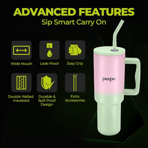 PEXPO Sipper Water Bottle for Adults, ISI Certified, Three Layer Insulated Stainless Steel Tumbler With Handle 1200ml|Leakproof | With Straw & Cleaning Brush|Hot & Cold Flask|Stanzy- Pink-Green Ombre - Image 5