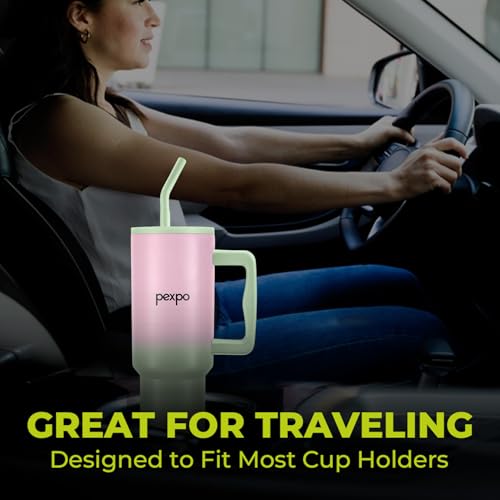 PEXPO Sipper Water Bottle for Adults, ISI Certified, Three Layer Insulated Stainless Steel Tumbler With Handle 1200ml|Leakproof | With Straw & Cleaning Brush|Hot & Cold Flask|Stanzy- Pink-Green Ombre - Image 4