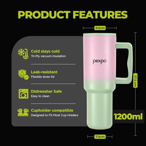 PEXPO Sipper Water Bottle for Adults, ISI Certified, Three Layer Insulated Stainless Steel Tumbler With Handle 1200ml|Leakproof | With Straw & Cleaning Brush|Hot & Cold Flask|Stanzy- Pink-Green Ombre - Image 2