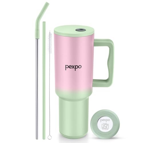 PEXPO Sipper Water Bottle for Adults, ISI Certified, Three Layer Insulated Stainless Steel Tumbler With Handle 1200ml|Leakproof | With Straw & Cleaning Brush|Hot & Cold Flask|Stanzy- Pink-Green Ombre - Image 1