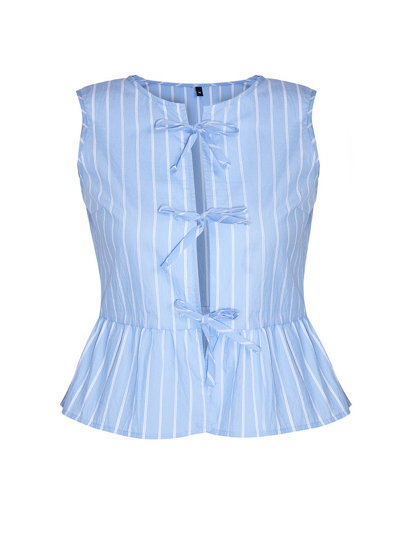 trendyol Blue Striped Woven Blouse - Sleeveless with Front Tie Detail TWOSS24BZ00651 - Image 5