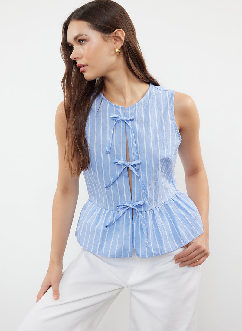 trendyol Blue Striped Woven Blouse - Sleeveless with Front Tie Detail TWOSS24BZ00651 - Image 2