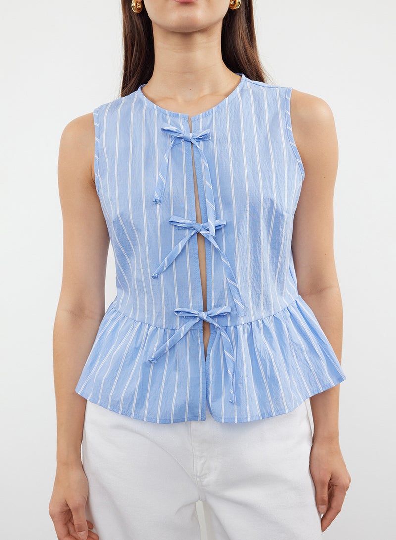 trendyol Blue Striped Woven Blouse - Sleeveless with Front Tie Detail TWOSS24BZ00651 - Image 3