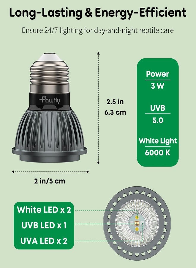 باوفلي مصباح باوفلاي للأشعة فوق البنفسجية للزواحف، لمبة 3 واط 5.0 للأشعة فوق البنفسجية، مصباح UVA للأشعة فوق البنفسجية للزواحف الاستوائية لتكوين الكالسيوم وفيتامين د3، مصباح LED عالي الكثافة للسلاحف والسحالي والسلاحف ذات الأقدام الحمراء - Image 3