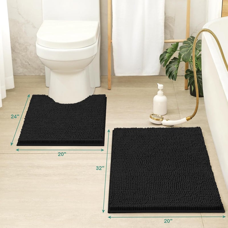 HOMEIDEAS Black Bathroom Rug Sets 2 piece, Ultra Soft Non Slip Absorbent Chenille Toilet Bath Mat Set (Black) - Image 2