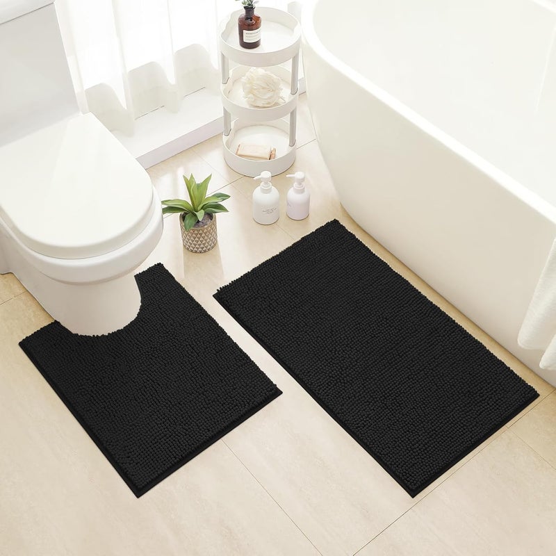 HOMEIDEAS Black Bathroom Rug Sets 2 piece, Ultra Soft Non Slip Absorbent Chenille Toilet Bath Mat Set (Black) - Image 1