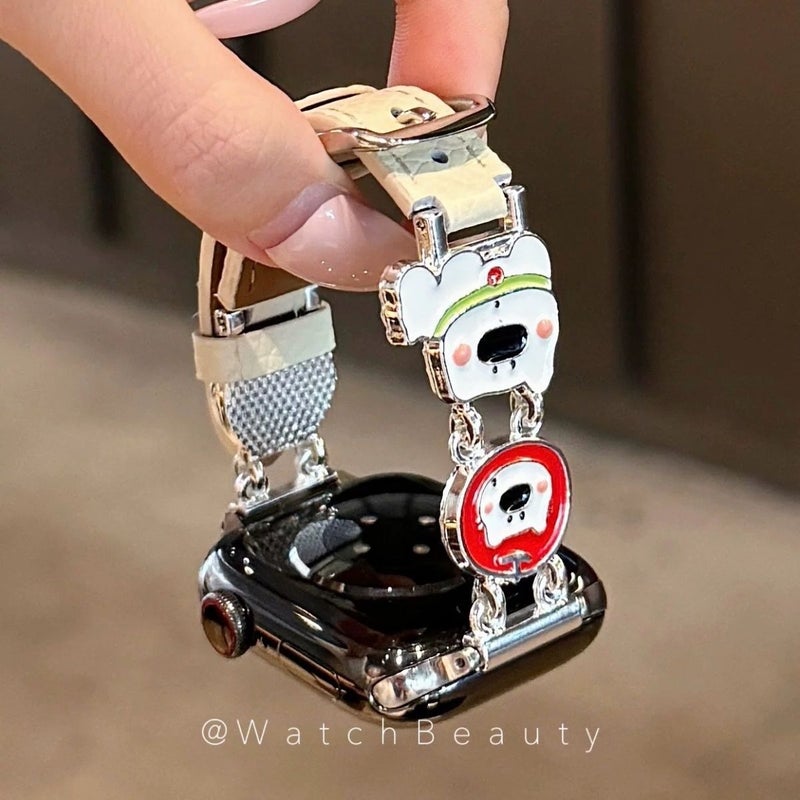 Cute Apple Dog Pattern Two-Tone Leather Strap for Redmi Watch 6/5/4/3/2, Fashion Commuter Style