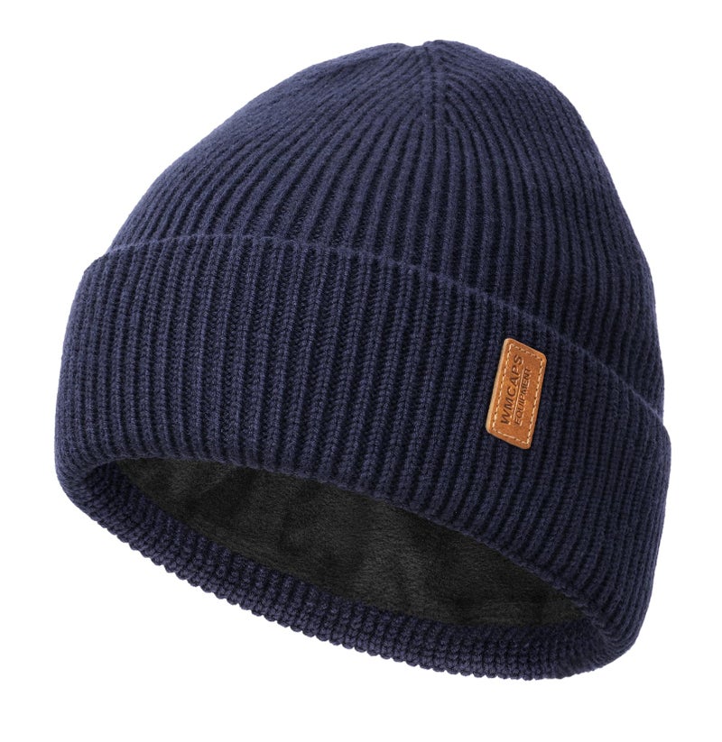 Wmcaps Merino Wool Fleece Lined Beanie Winter Hats for Men Women, Warm Thermal Kint Cap for Outdoor Navy Blue - Image 1
