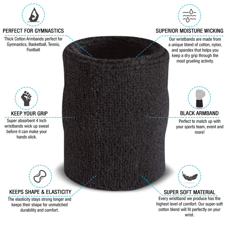 Suddora Arm Sweatbands, Absorbent and Breathable Thick Cotton Bands for Working Out, Gymnastics, Basketball, Tennis, and Football, Multiuse 4-inch Wristbands for Costumes and Cosplay, Black - Image 2