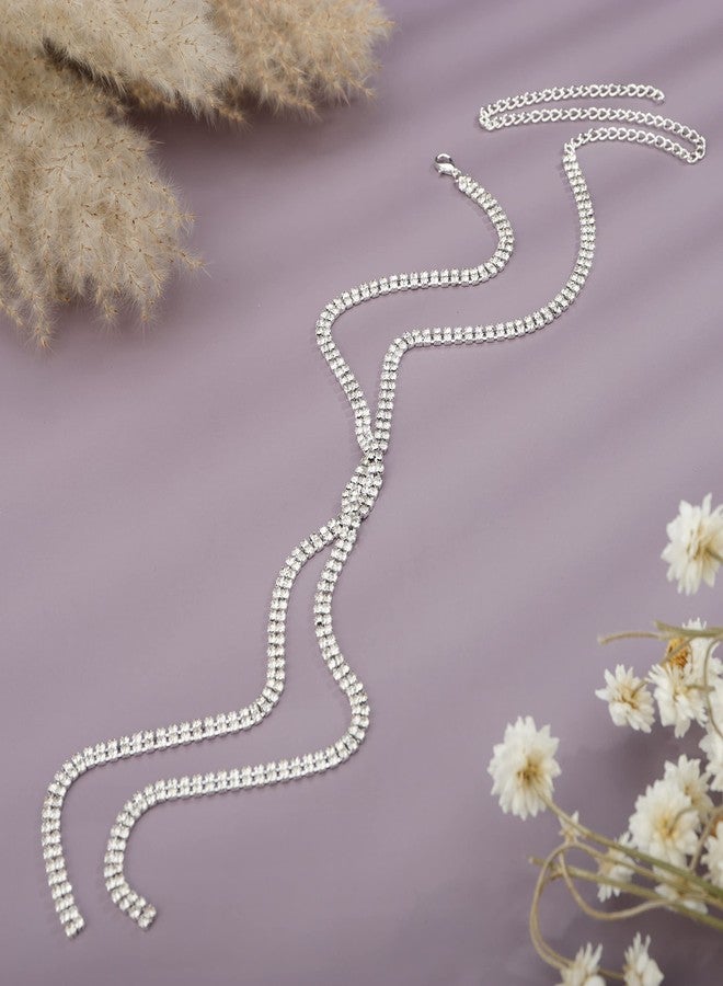 YERTTER Dainty Silver Full Rhinestone Chunky Chain Knot Y Collar Chain CHoker Statement Tassel Crystal Choker Necklace Adjustable for Party Music Bar Women （Silver 2） - Image 4