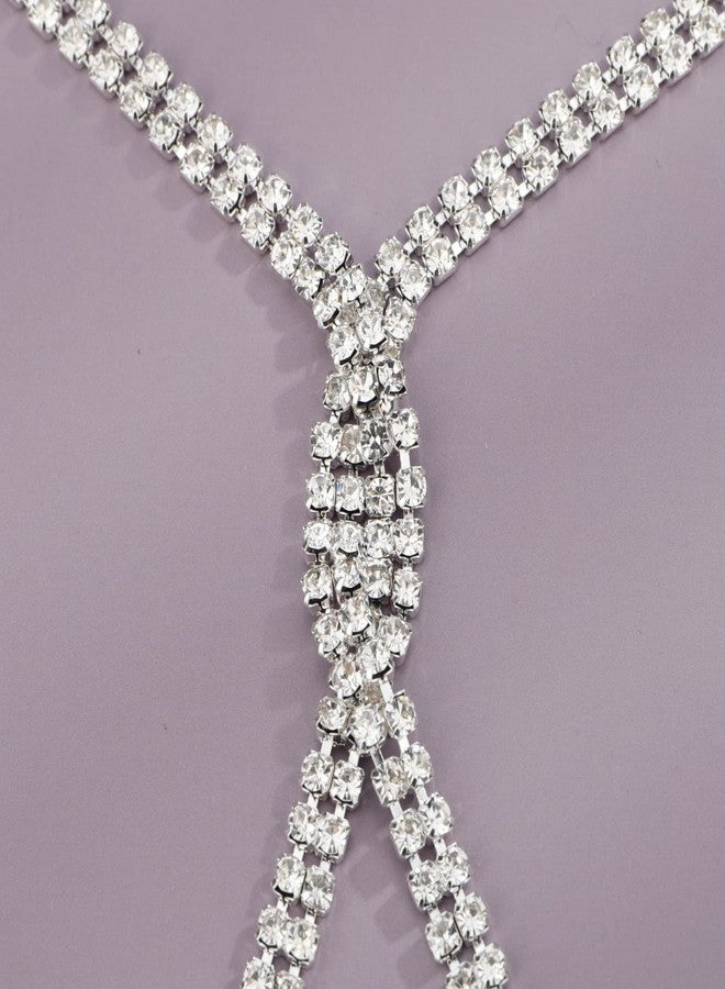 YERTTER Dainty Silver Full Rhinestone Chunky Chain Knot Y Collar Chain CHoker Statement Tassel Crystal Choker Necklace Adjustable for Party Music Bar Women （Silver 2） - Image 5