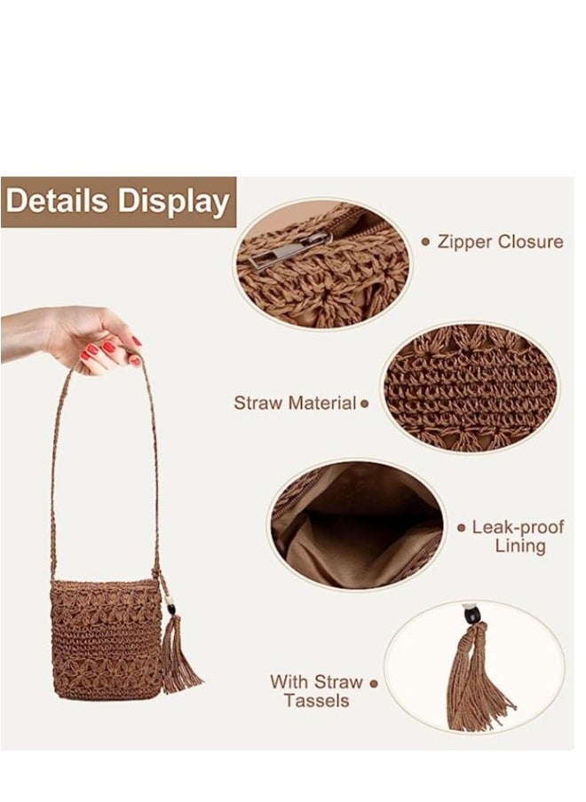 Loquat Straw Bags for Women Summer Straw Beach Shoulder Bags Handbags Light Hand-woven Crossbody Tassel Bohemian Bags With Zipper for Purse Travel Holiday and Daily Use (Dark brown)  - Image 1