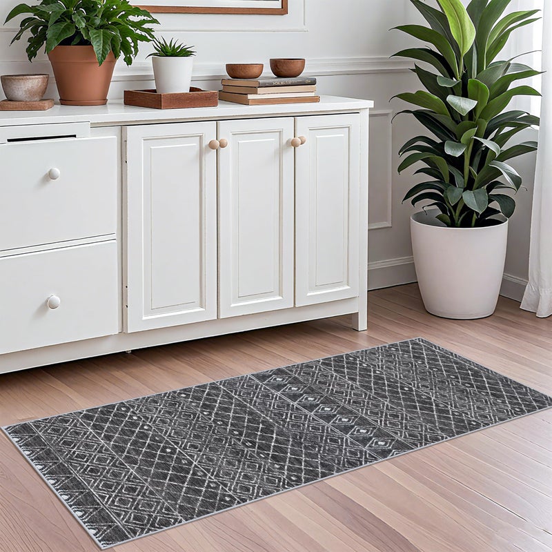 BYYVOO 2x5 Rug Runner Moroccan - Washable Hallway Runner Rug Non Slip Pets Friendly Runner Low Pile Soft Indoor Floor Mat Front Door for Kitchen Bedroom Entryway Laundry 2x5 Black - Image 2