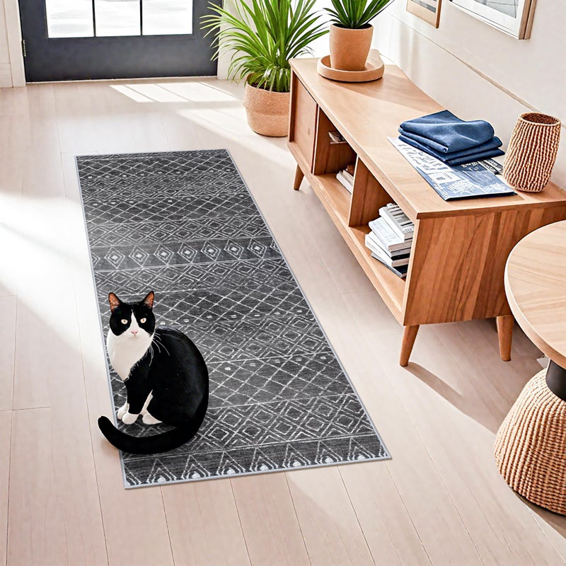 BYYVOO 2x5 Rug Runner Moroccan - Washable Hallway Runner Rug Non Slip Pets Friendly Runner Low Pile Soft Indoor Floor Mat Front Door for Kitchen Bedroom Entryway Laundry 2x5 Black - Image 1