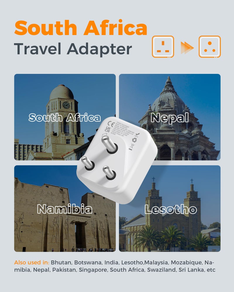 تيسان TESSAN UK to South Africa Plug Adapter, Type M Travel Adaptor with USB C - Image 2