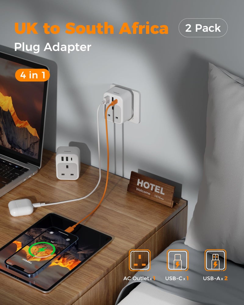 تيسان TESSAN UK to South Africa Plug Adapter, Type M Travel Adaptor with USB C - Image 3