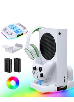 Cooling Stand & Charging Station for Xbox Series S with RGB Light Strip,Dual Charger of Controllers and Cooler Fan for XSS Console Accessories with 2*1400mAH Rechargeable Battery Pack,1*Headphone Hook