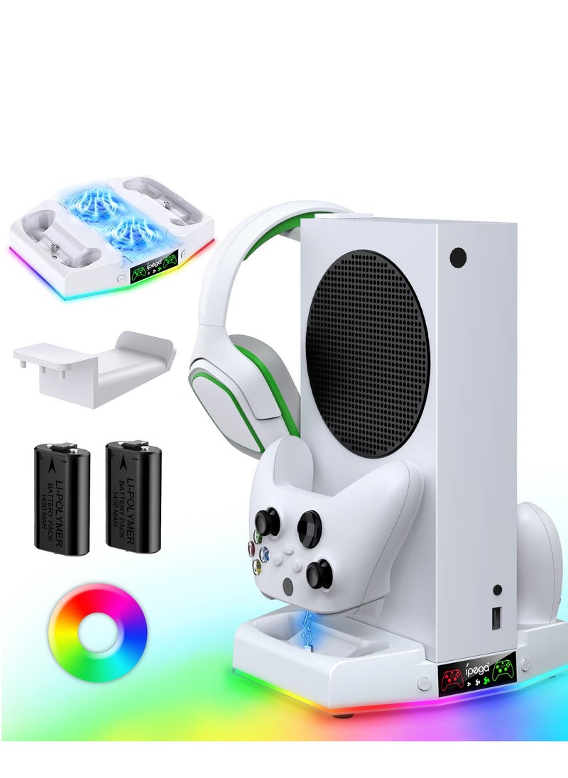 SYOSI - Cooling Stand & Charging Station for Xbox Series S with RGB Light Strip,Dual Charger of Controllers and Cooler Fan for XSS Console Accessories with 2*1400mAH Rechargeable Battery Pack,1*Headphone Hook - Image 1