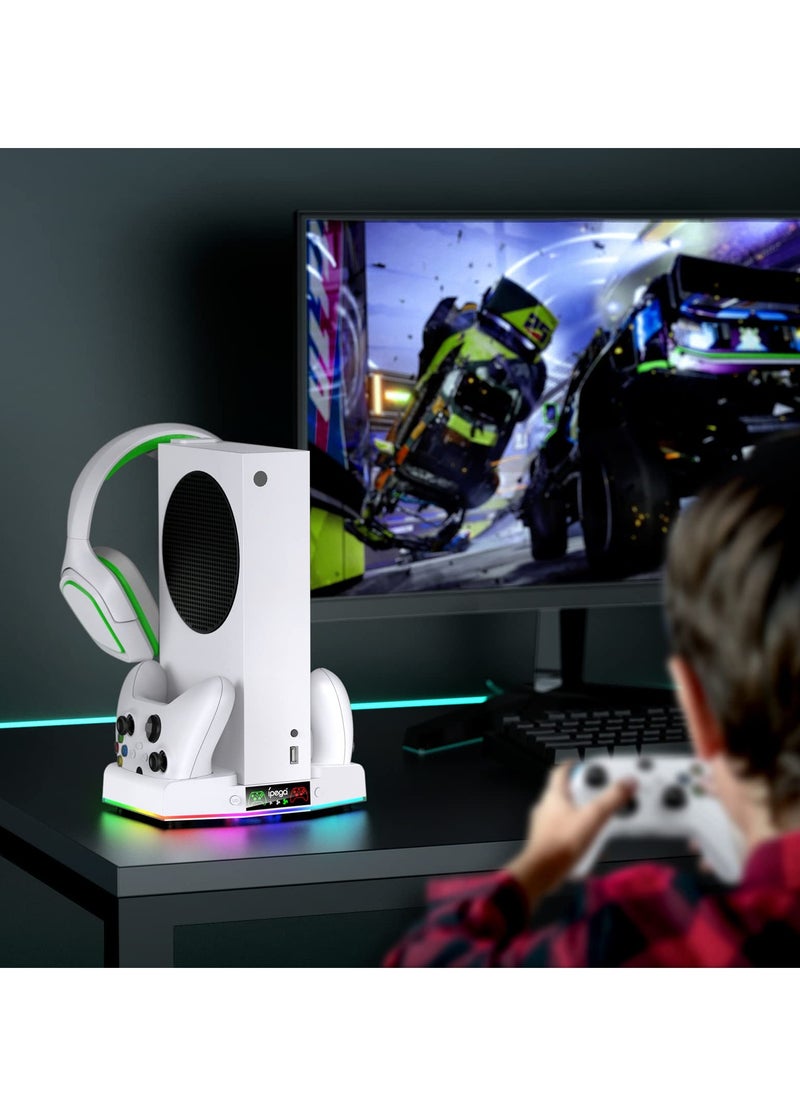 SYOSI - Cooling Stand & Charging Station for Xbox Series S with RGB Light Strip,Dual Charger of Controllers and Cooler Fan for XSS Console Accessories with 2*1400mAH Rechargeable Battery Pack,1*Headphone Hook - Image 1
