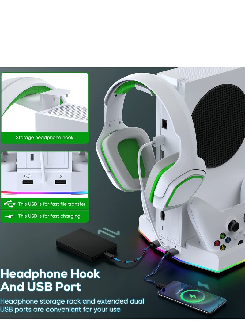 SYOSI - Cooling Stand & Charging Station for Xbox Series S with RGB Light Strip,Dual Charger of Controllers and Cooler Fan for XSS Console Accessories with 2*1400mAH Rechargeable Battery Pack,1*Headphone Hook - Image 1