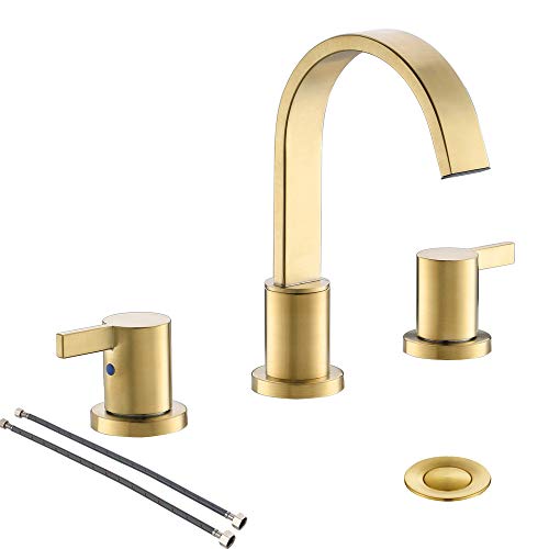 Phiestina 8 Inch 3 Hole 2 Handle Waterfall Widespread Brushed Gold Bathroom Sink Faucet with Metal PopUp Drain WF0401BG