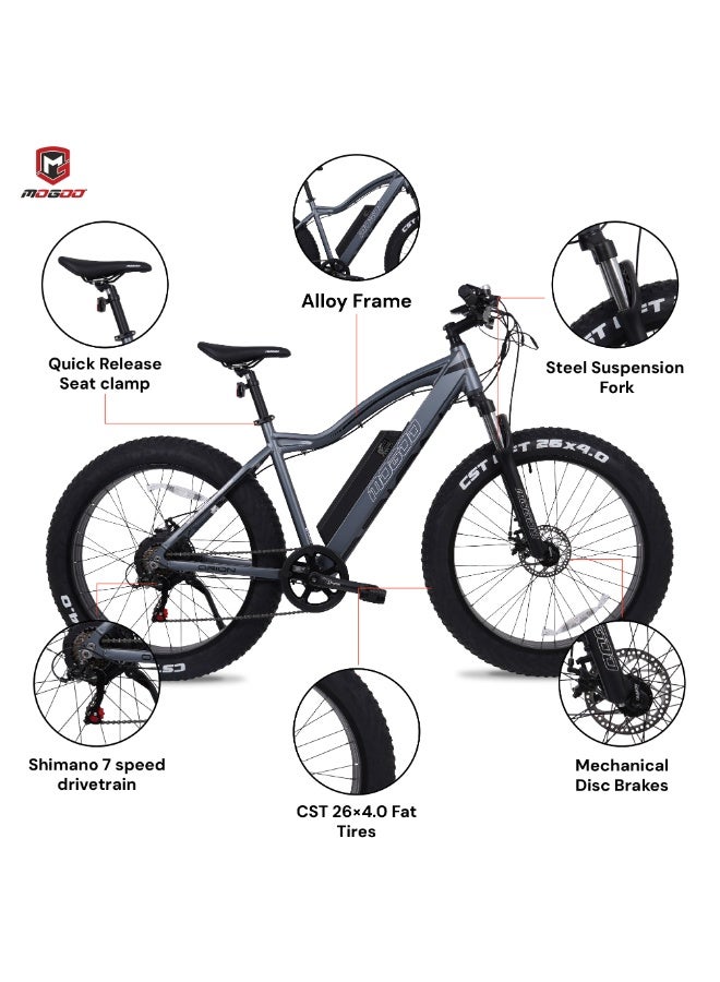 MOGOO دراجة كهربائية موغو 26" أوريون بإطارات عريضة – محرك 500 واط 48 فولت، بطارية LG 12.8Ah، 7 سرعات شيمانو، فرامل قرصية مزدوجة، مساعدة دواسة 5 مستويات، مدى 45–55 كم – دراجة كهربائية عريضة للبالغين - رمادي - Image 3