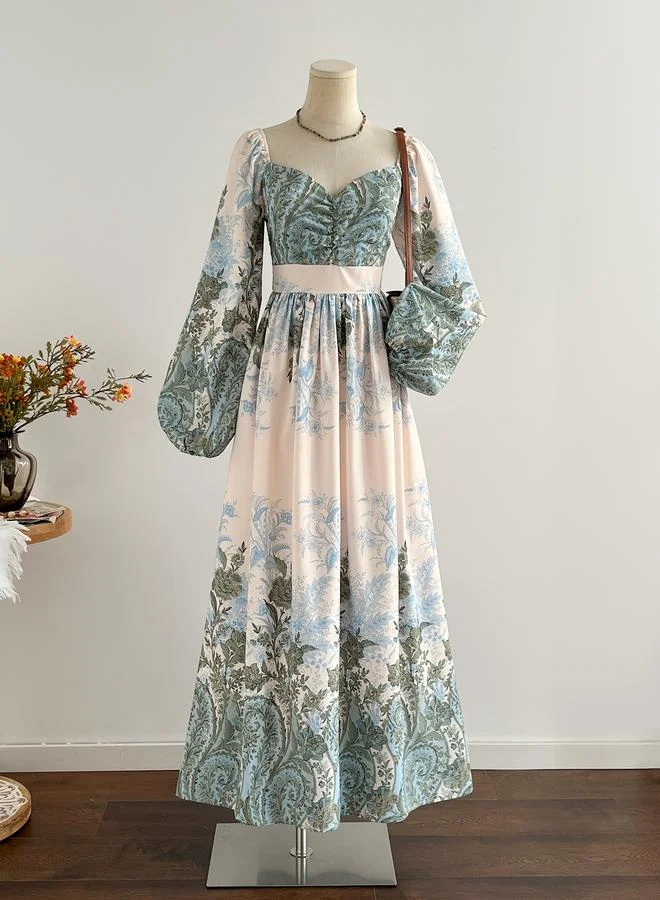Paisley Print Long Sleeve A-Line Maxi Dress