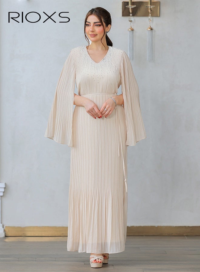 RIOXS Women's Dresses, Chiffon Diamond Ironing Pleated Long Dress, Classic Muslim Abayas for Women, Stylish Ladies Saudi Arabia Muslim Robe, Elegant Evening Dress Maxi Dresses, Lady's Dress for Parties Festival and Special Occasions, Beige Flowy Dresses  - Image 5